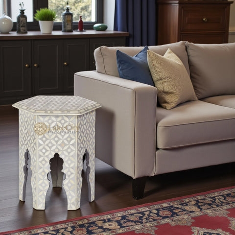 Bone Inlay Geometric Design Hexagonal Table Grey