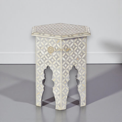 Bone Inlay Geometric Design Hexagonal Table Grey
