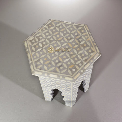 Bone Inlay Geometric Design Hexagonal Table Grey