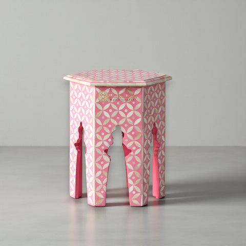 Table hexagonale à motif géométrique avec incrustations d'os, grise