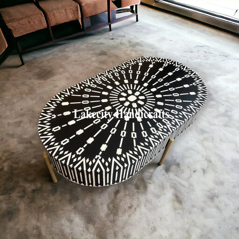 Bone Inlay Kalmin Oval Shape Coffee Table Black | Bone Inlay Kalmin Oval Shape Center Table Black