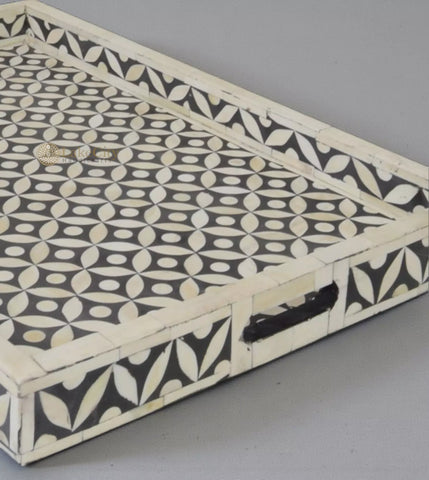 Bone Inlay Geometric Design Serving Tray Black
