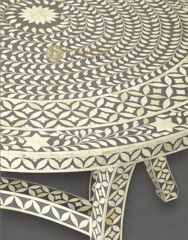 Bone Inlay Geometric Floral Round Dining Table Set Grey