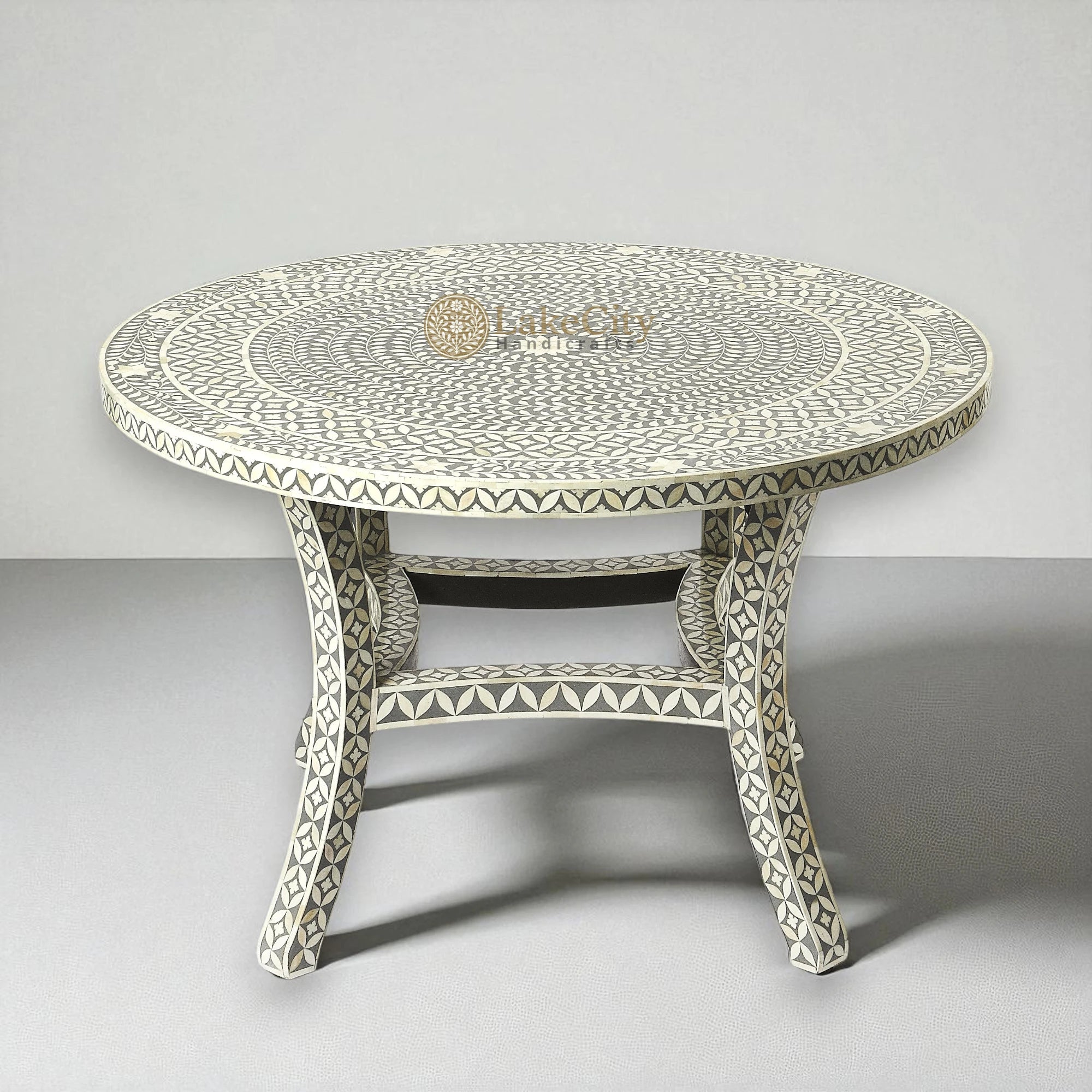 Bone Inlay Geometric Floral Round Dining Table Set Grey