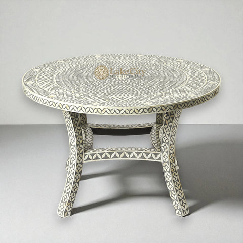 Bone Inlay Geometric Floral Round Dining Table Set Grey