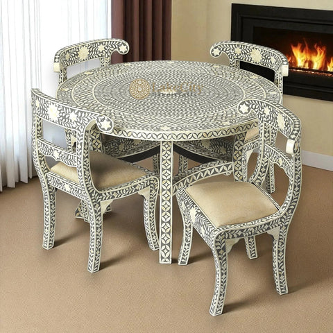 Bone Inlay Geometric Floral Round Dining Table Set Grey