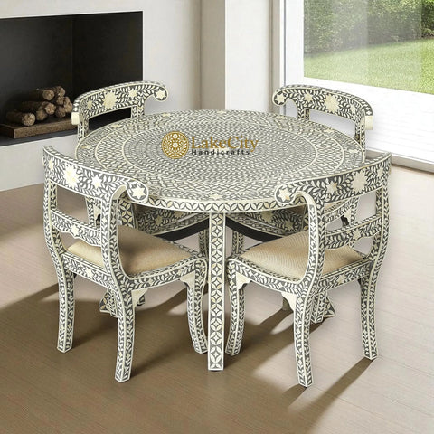 Bone Inlay Geometric Floral Round Dining Table Set Grey