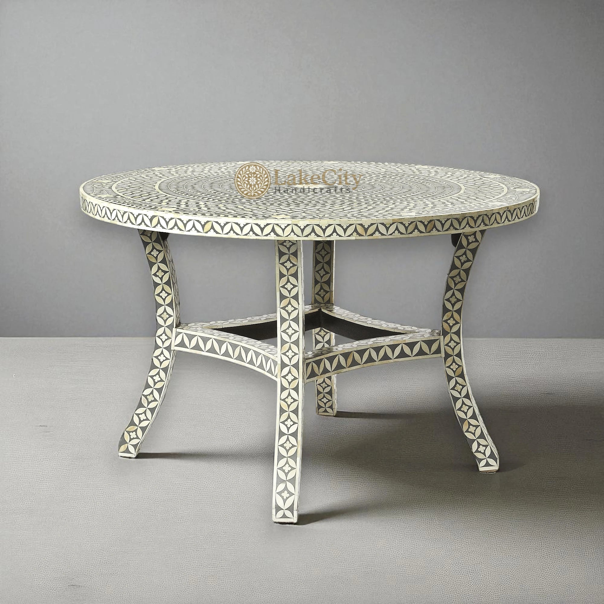 Bone Inlay Circular Table Bone Inlay Geometric Floral Round Dining Table Set Grey – Lakecity ...