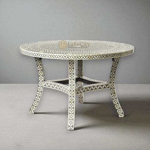 Bone Inlay Geometric Floral Round Dining Table Set Grey