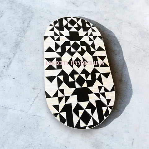 Bone Inlay Geometric Illusion Design Oval Shape Coffee Table Black | Bone Inlay Geometric Illusion Design Oval Shape Center Table Black
