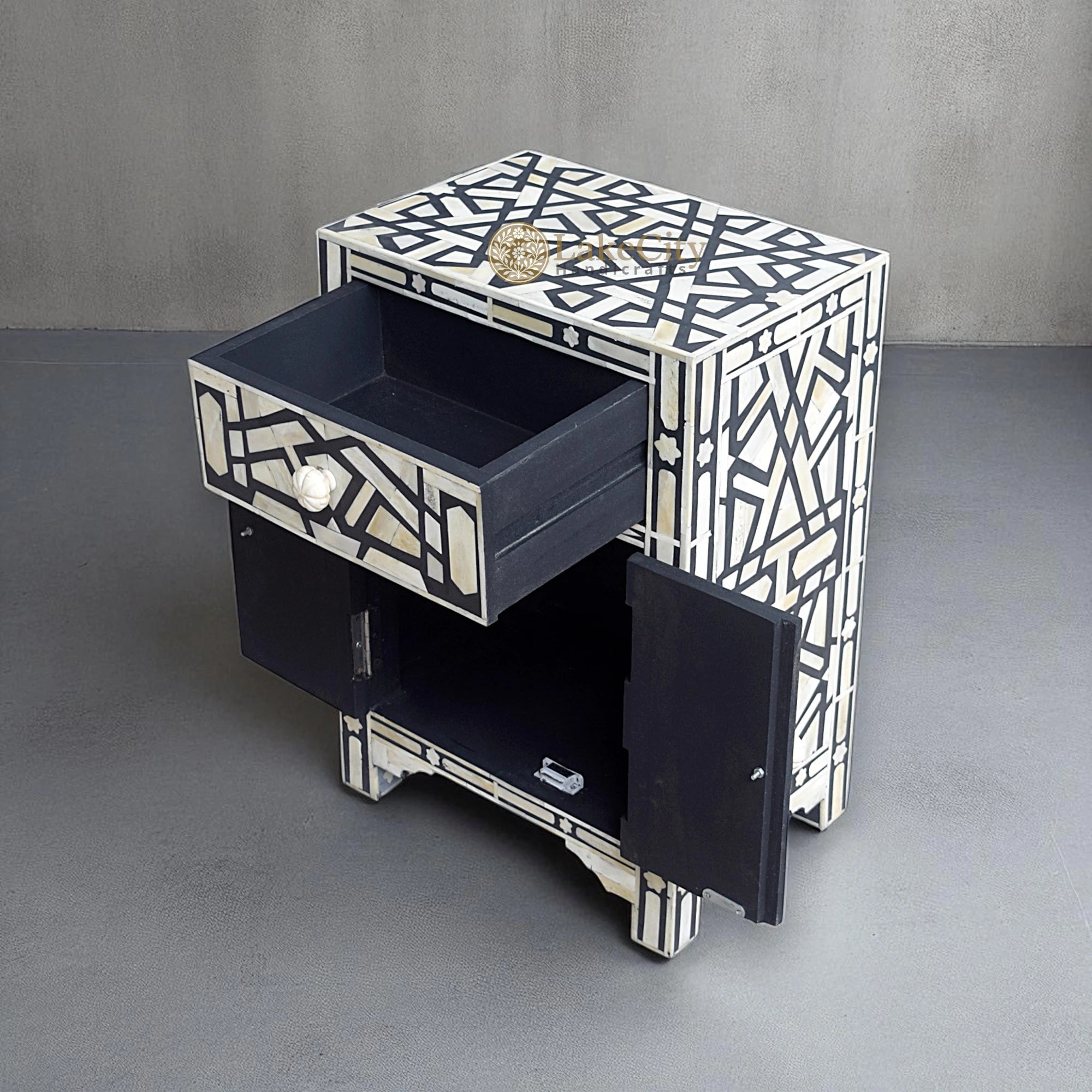 Bone Inlay Geometric Star 1 Drawer 2 Door Bedside Table Black