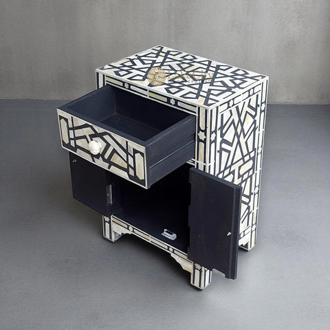 Bone Inlay Geometric Star 1 Drawer 2 Door Bedside Table Black
