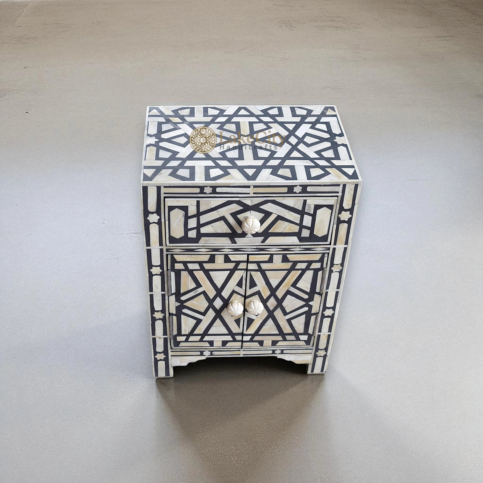 Bone Inlay Geometric Star 1 Drawer 2 Door Bedside Table Black