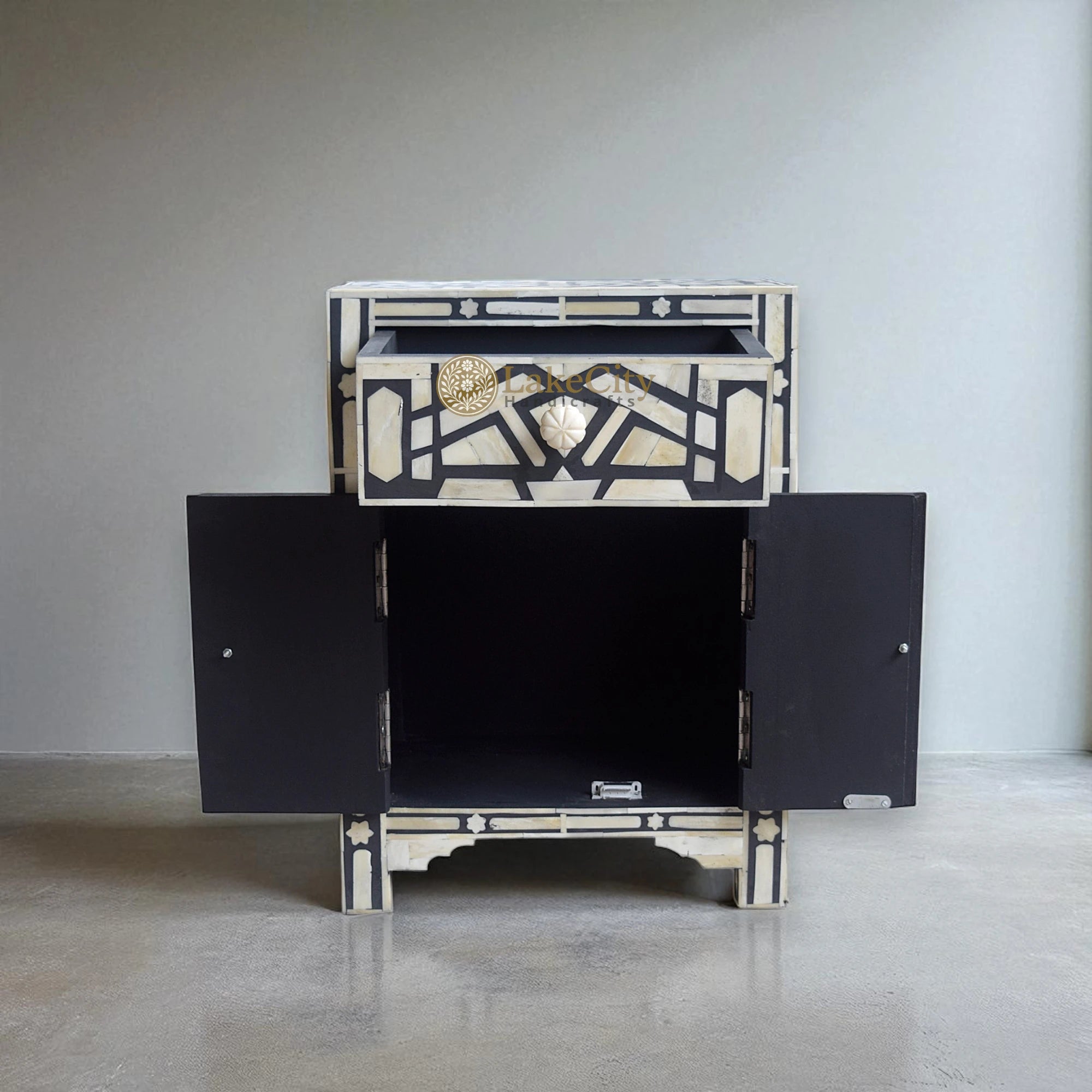 Bone Inlay Geometric Star 1 Drawer 2 Door Bedside Table Black