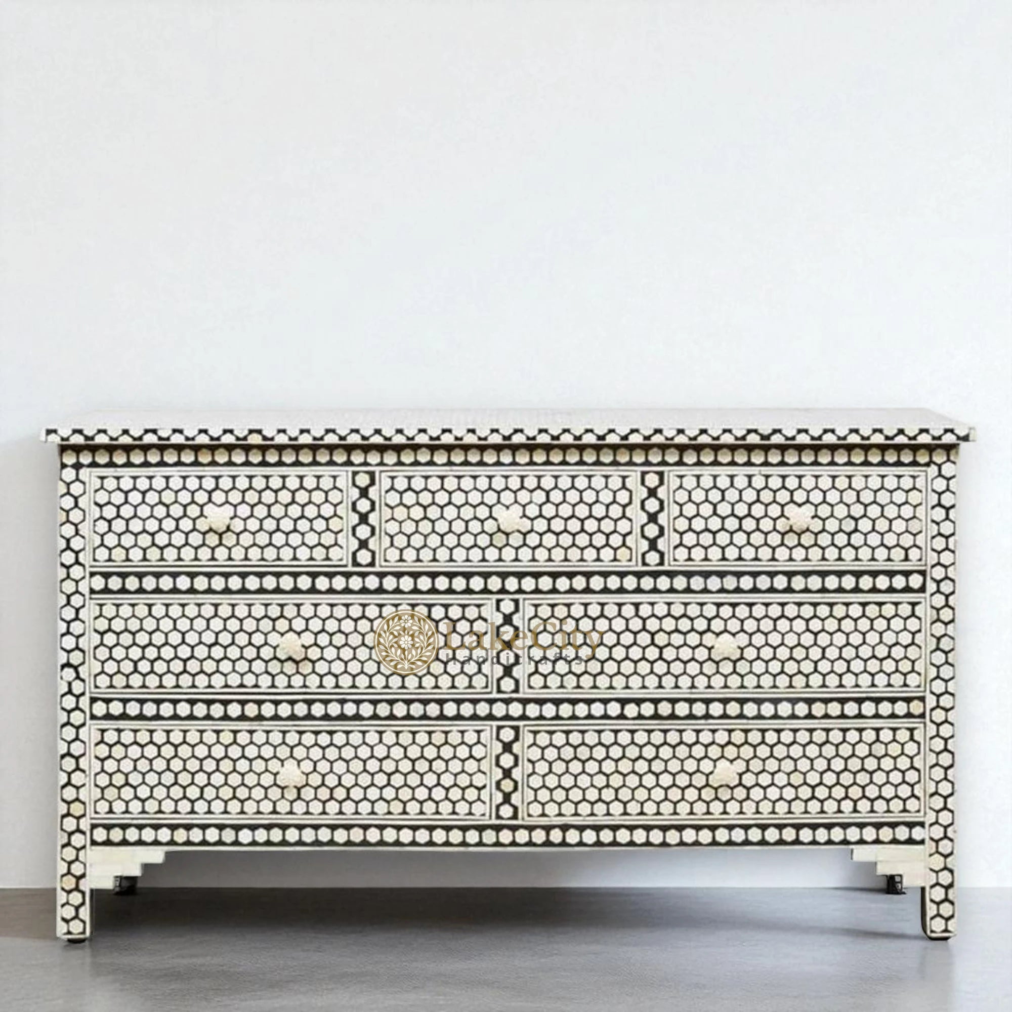 Bone Inlay Hexagon Design 7 Drawers Dresser Table  Black