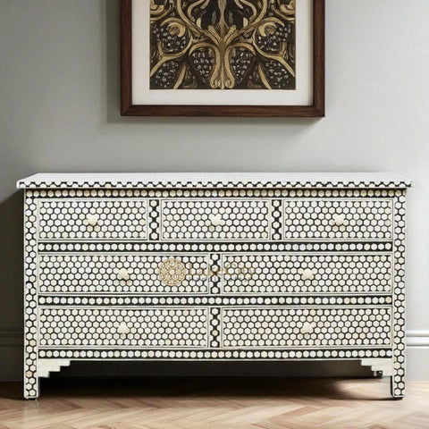 Bone Inlay Hexagon Design 7 Drawers Dresser Table  Black