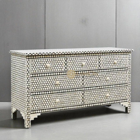 Bone Inlay Hexagon Design 7 Drawers Dresser Table  Black
