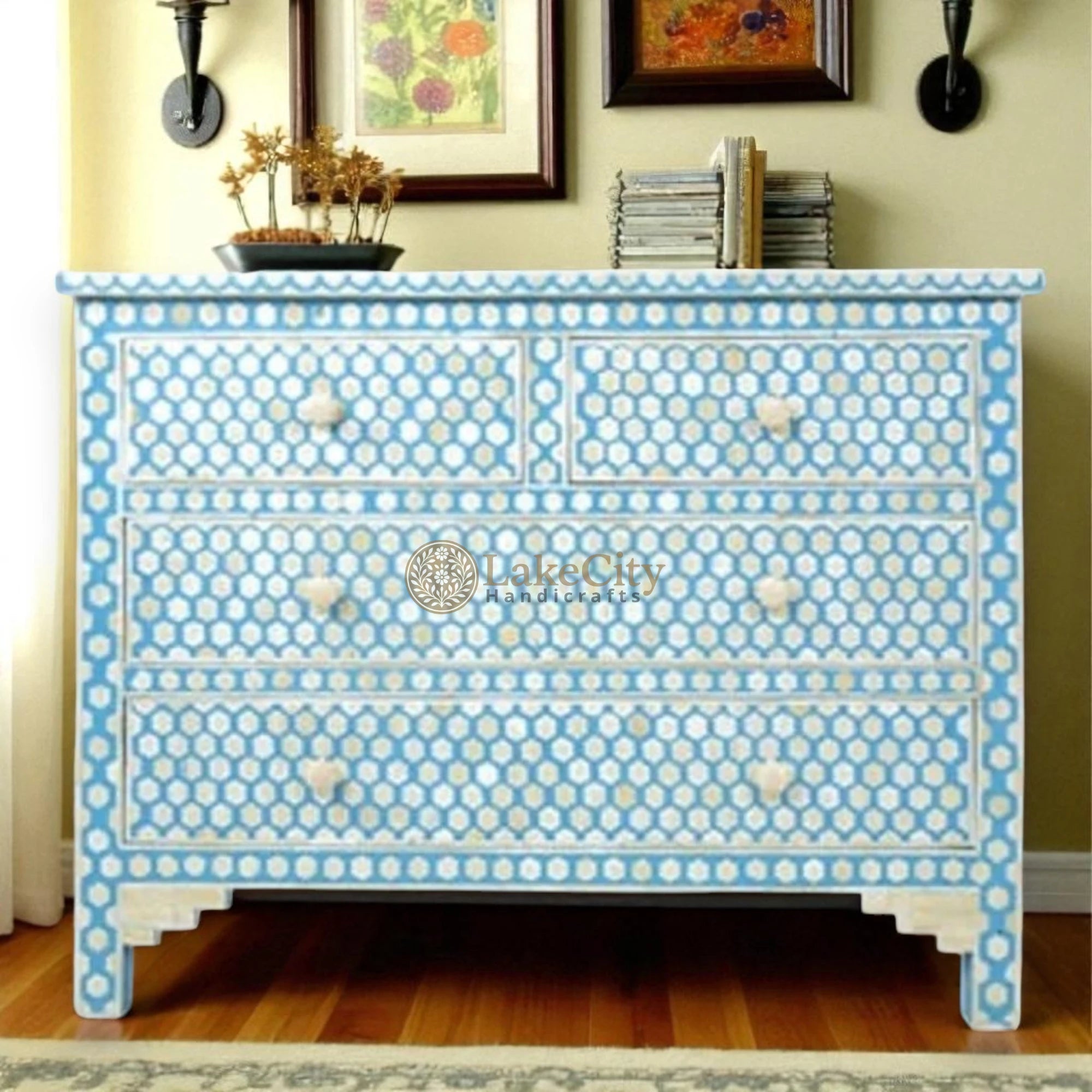 Bone Inlay Hexagon Design 4 Drawers Chest