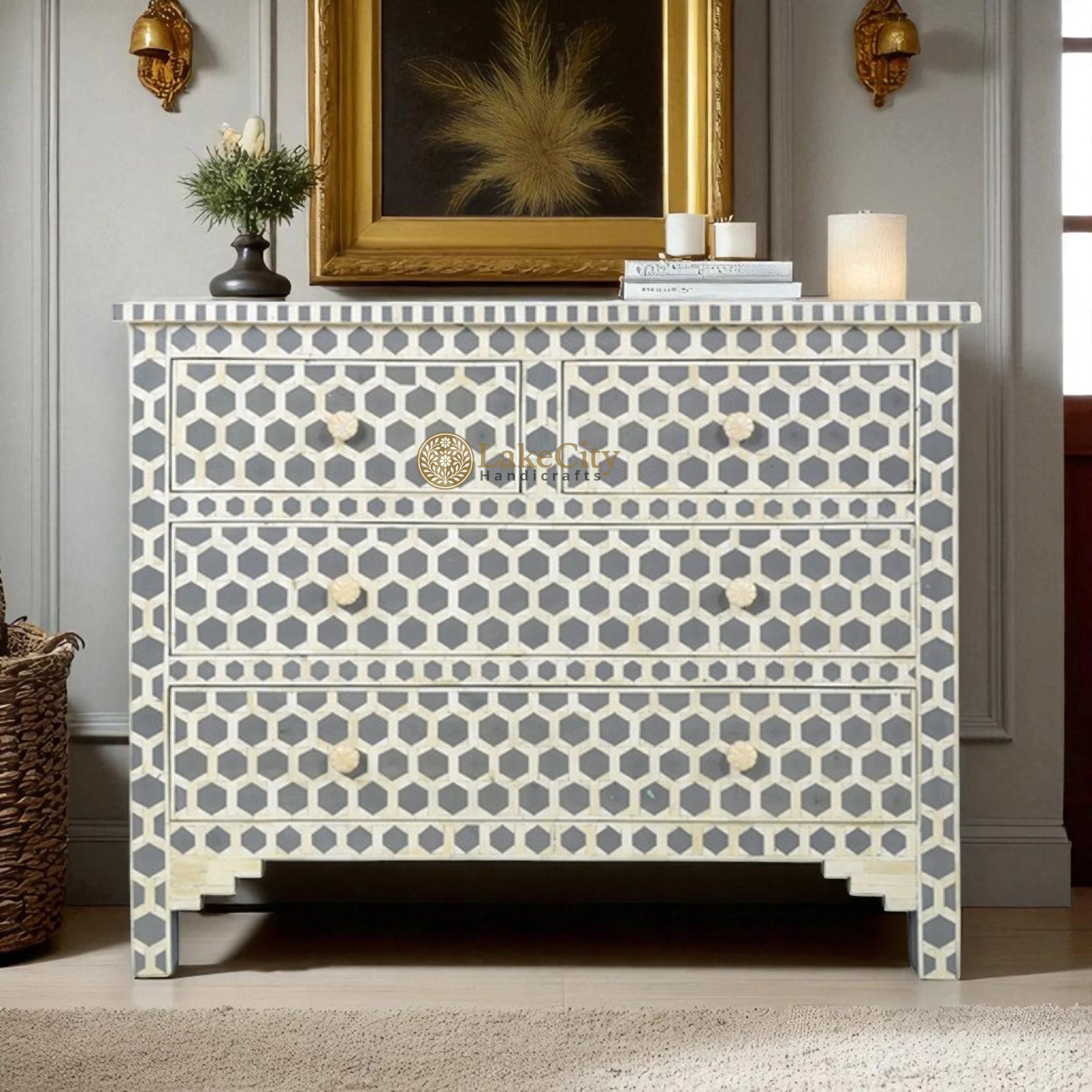 Bone Inlay Hexagon Design 4 Drawers Chest