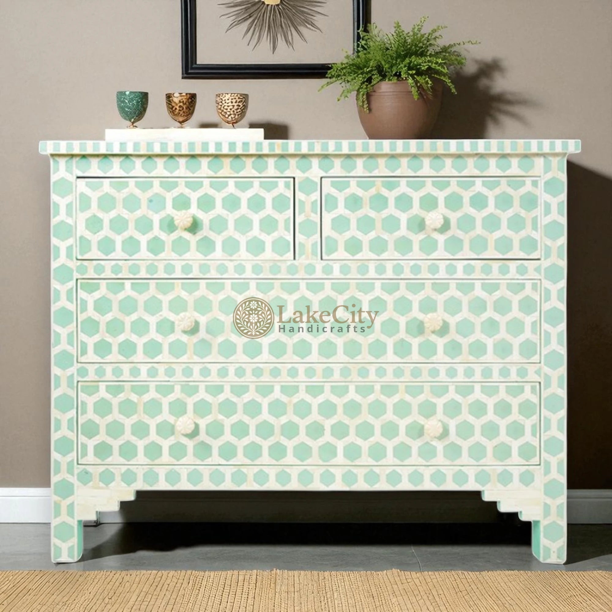 Bone Inlay Hexagon Design 4 Drawers Chest
