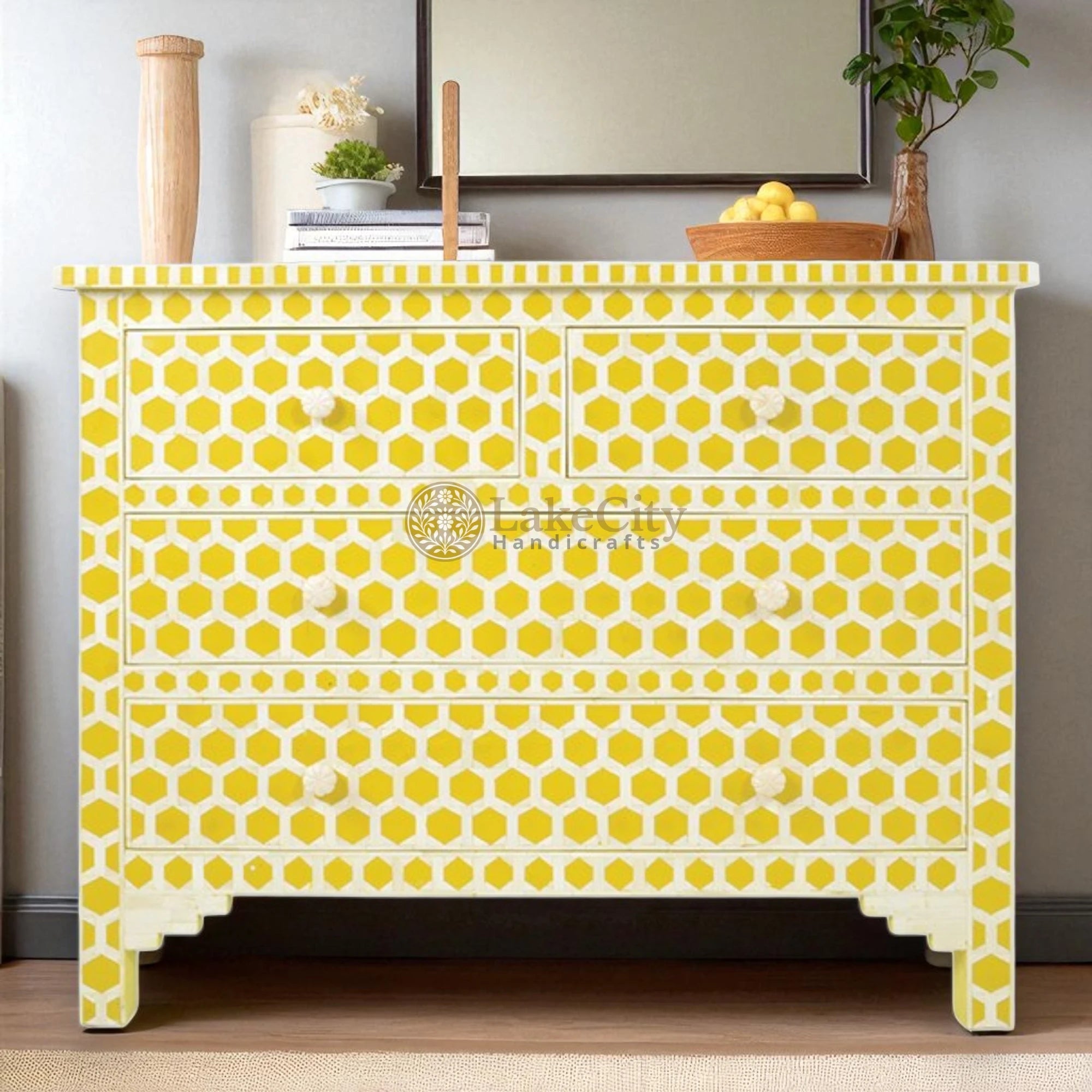 Bone Inlay Hexagon Design 4 Drawers Chest