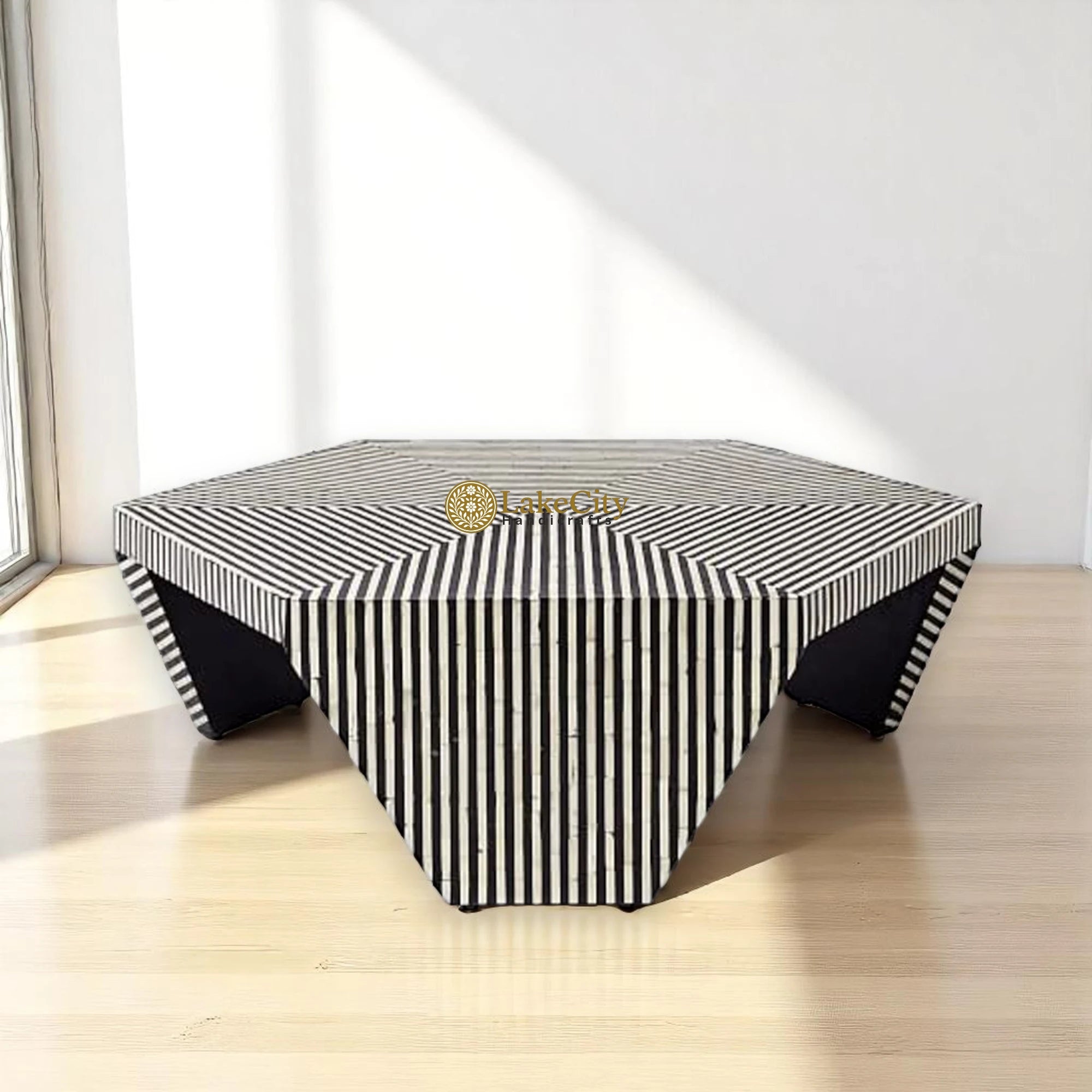 Hexagonal Stripe Bone Inlay Coffee Table Black | Bone Inlay Centre Table