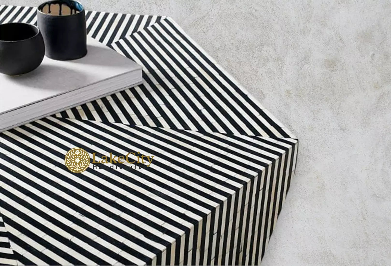 Hexagonal Stripe Bone Inlay Coffee Table Black | Bone Inlay Centre Table