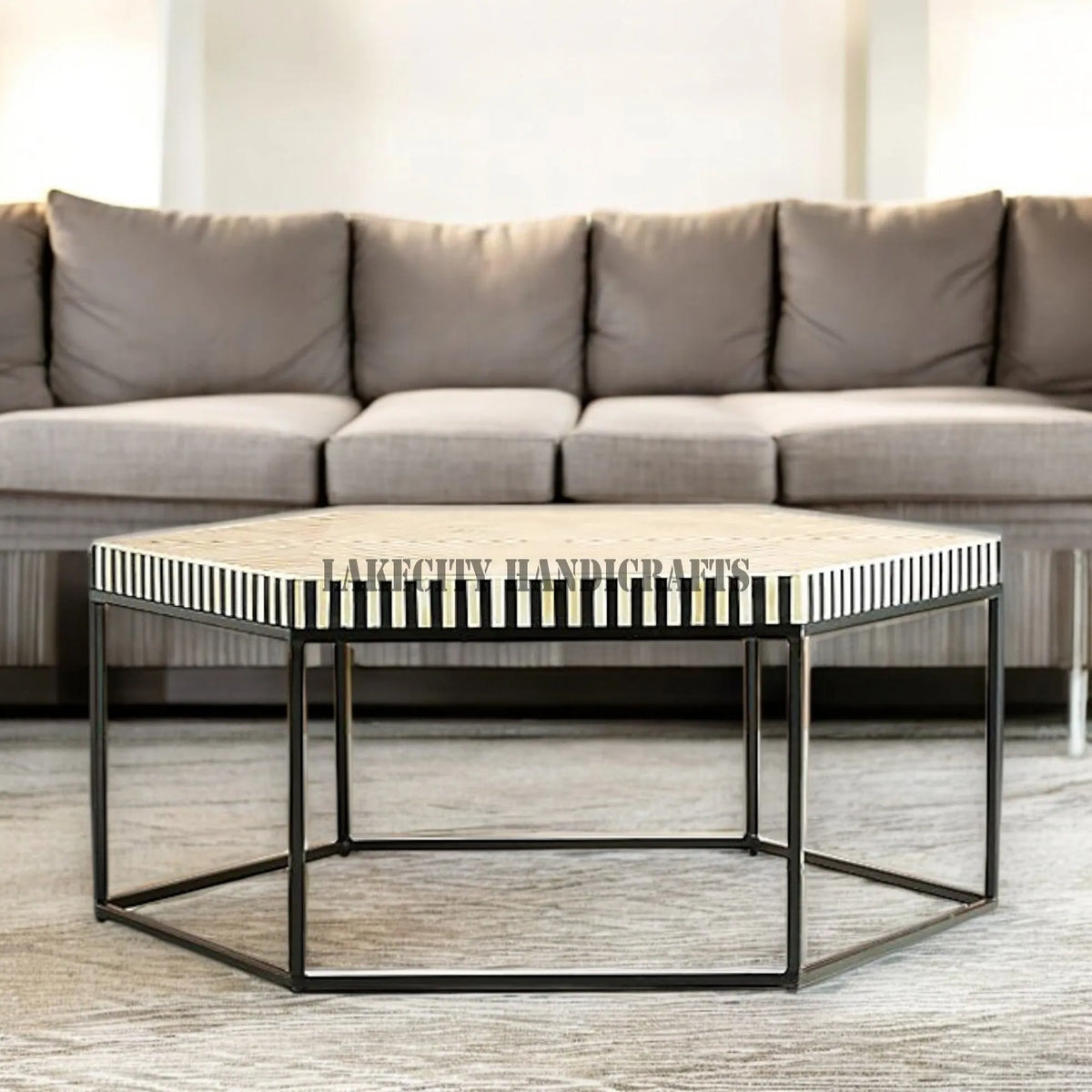Bone Inlay Hexagonal Stripe Design Center Table Black | Bone Inlay Hexagonal Stripe Design Coffee Table Black