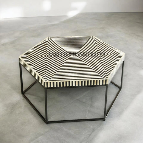 Bone Inlay Hexagonal Stripe Design Center Table Black | Bone Inlay Hexagonal Stripe Design Coffee Table Black