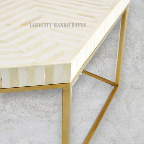 Bone Inlay Hexagonal Stripe Design Coffee Table White | Bone Inlay Hexagonal Stripe Design Center Table White