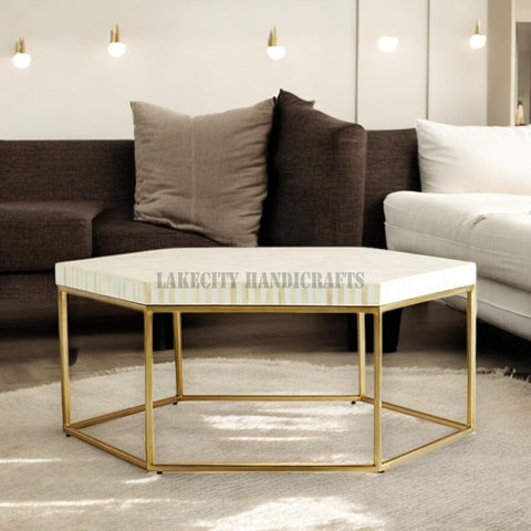 Bone Inlay Hexagonal Stripe Design Coffee Table White | Bone Inlay Hexagonal Stripe Design Center Table White