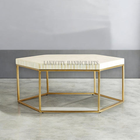 Bone Inlay Hexagonal Stripe Design Coffee Table White | Bone Inlay Hexagonal Stripe Design Center Table White