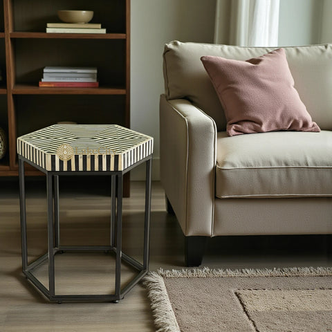 Bone Inlay Hexagonal Stripe Side Table Black
