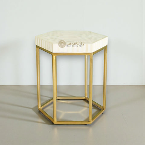Mesa auxiliar de rayas hexagonales con incrustaciones de hueso, color blanco