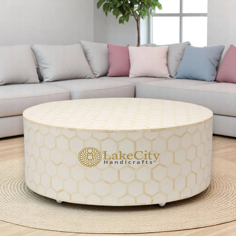 Bone Inlay Honeycomb Design Round Coffee Table | Bone Inlay Honeycomb Design Centre Table