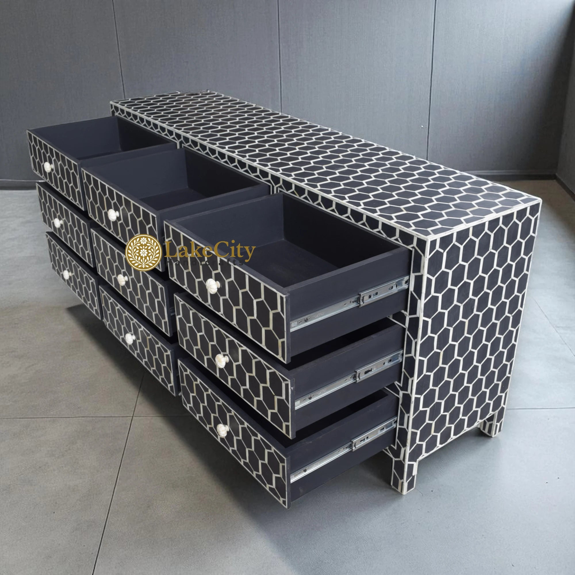 Bone Inlay Honeycomb Design 9 Drawers Chest | Bone Inlay Honeycomb Design 9 Drawers Dresser Table