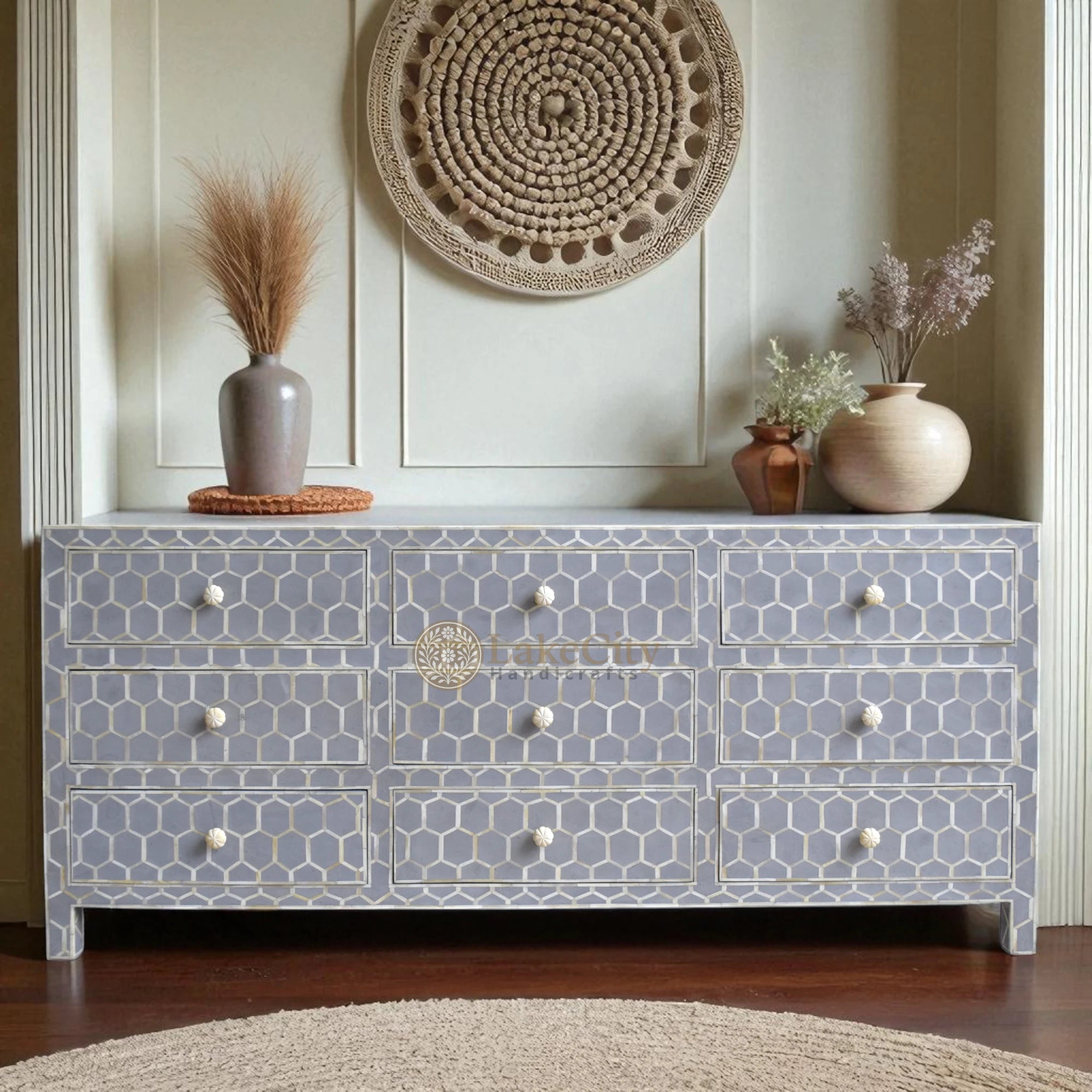 Bone Inlay Honeycomb Design 9 Drawers Chest | Bone Inlay Honeycomb Design 9 Drawers Dresser Table