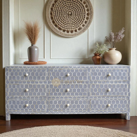 Bone Inlay Honeycomb Design 9 Drawers Chest | Bone Inlay Honeycomb Design 9 Drawers Dresser Table