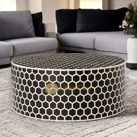 Bone Inlay Honeycomb Design Round Coffee Table | Bone Inlay Honeycomb Design Centre Table