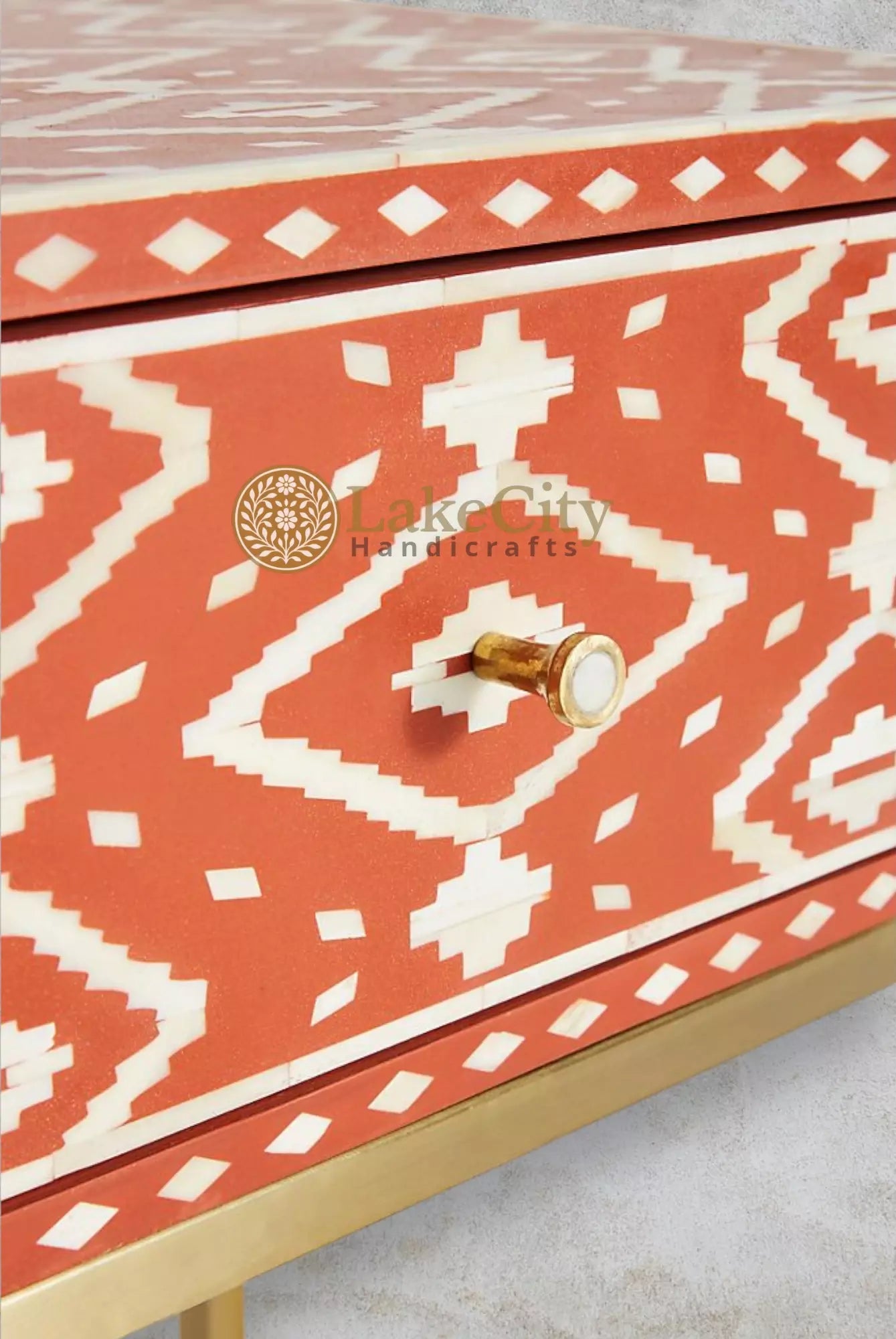 Bone Inlay Ikat 1 Drawer Bedside Table Orange| Bone Inlay Ikat 1 Drawer Nightstand Table Orange