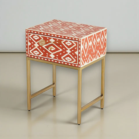 Bone Inlay Ikat 1 Drawer Bedside Table Orange| Bone Inlay Ikat 1 Drawer Nightstand Table Orange