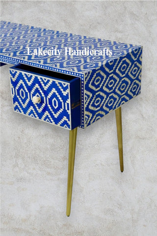 Bone Inlay Ikat Design 2 Drawers Desk Indigo Blue | Bone Inlay Ikat Design 2 Drawers Console Table Indigo Blue