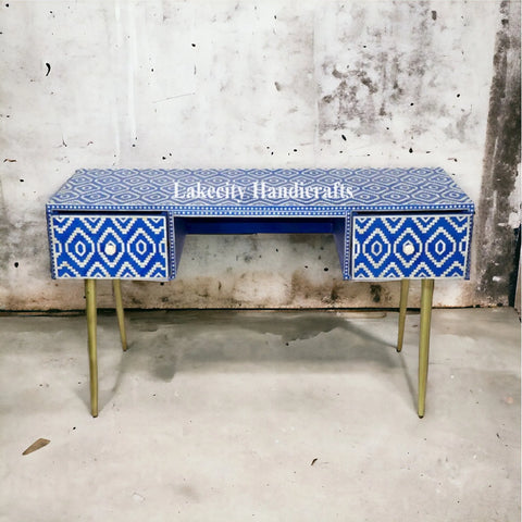 Bone Inlay Ikat Design 2 Drawers Desk Indigo Blue | Bone Inlay Ikat Design 2 Drawers Console Table Indigo Blue