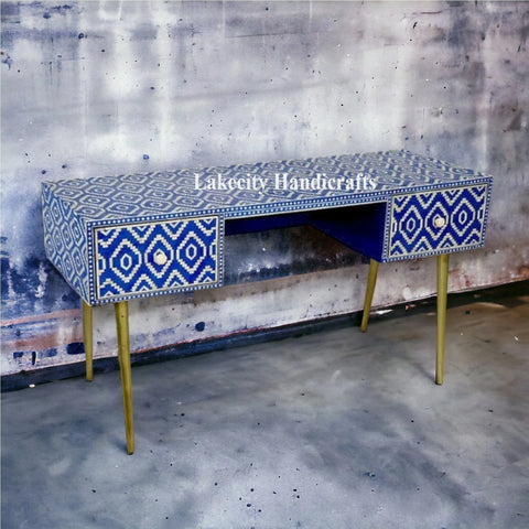 Bone Inlay Ikat Design 2 Drawers Desk Indigo Blue | Bone Inlay Ikat Design 2 Drawers Console Table Indigo Blue