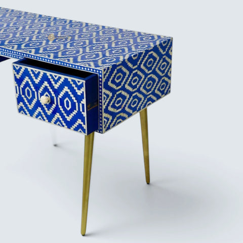 Bone Inlay Ikat Design 2 Drawers Desk Indigo Blue | Bone Inlay Ikat Design 2 Drawers Console Table Indigo Blue