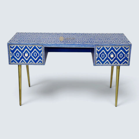 Bone Inlay Ikat Design 2 Drawers Desk Indigo Blue | Bone Inlay Ikat Design 2 Drawers Console Table Indigo Blue