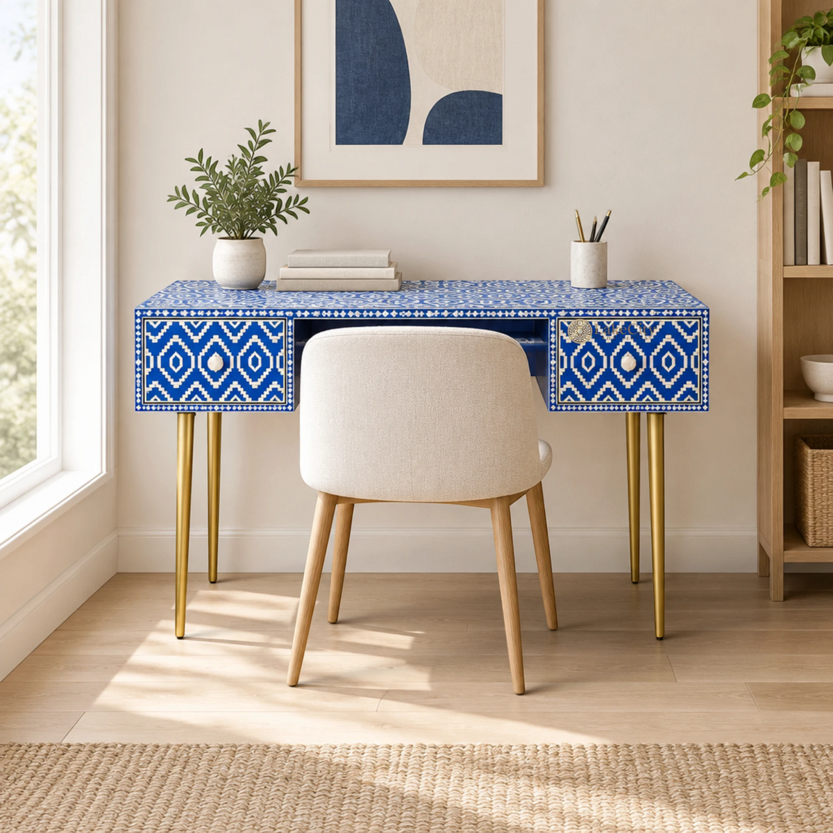 Bone Inlay Ikat Design 2 Drawers Desk Indigo Blue | Bone Inlay Ikat Design 2 Drawers Console Table Indigo Blue