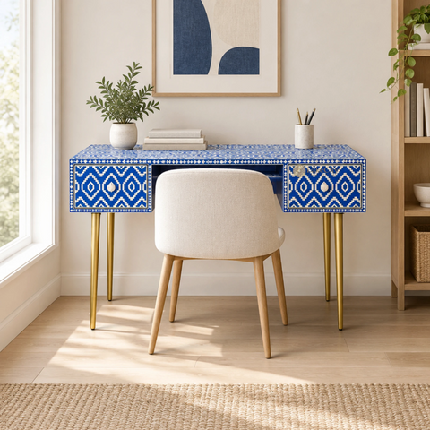 Bone Inlay Ikat Design 2 Drawers Desk Indigo Blue | Bone Inlay Ikat Design 2 Drawers Console Table Indigo Blue