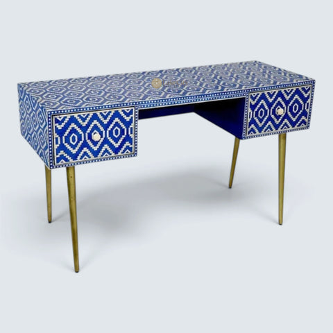 Bone Inlay Ikat Design 2 Drawers Desk Indigo Blue | Bone Inlay Ikat Design 2 Drawers Console Table Indigo Blue
