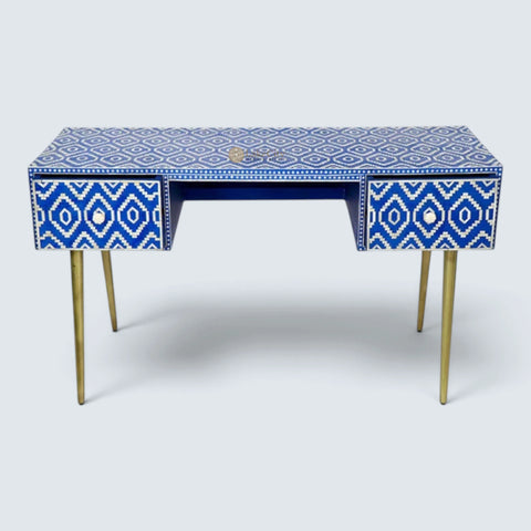 Bone Inlay Ikat Design 2 Drawers Desk Indigo Blue | Bone Inlay Ikat Design 2 Drawers Console Table Indigo Blue